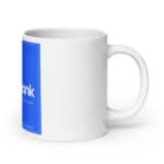 A white ceramic mug with a glossy finish, featuring a prominent blue rectangular label with the word "HR Cheerful Brew Mug" in white letters. The label also includes a placeholder text for a company name and website below. The mug is on a plain white background.